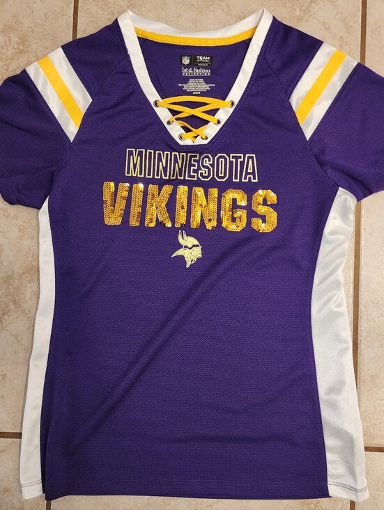 NFL Tops - Womens Minnesota Vikings Lace-Up Sequin Jersey Shirt Purple Gold Medium NFL Team